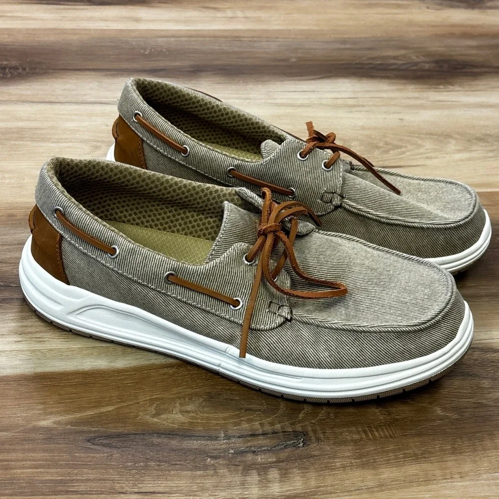 Lands End Boat Shoes Size 12D Canvas Deck Shoes Twill Casual Khaki Tan